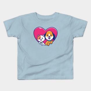 Cute Dog And Cute Cat Cartoon (3) Kids T-Shirt